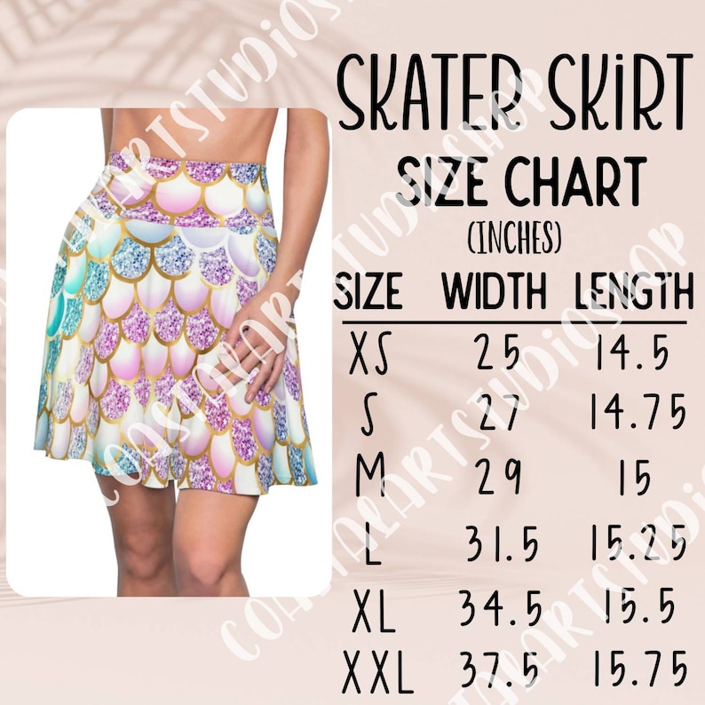 Skater Skirt Size Chart, Printify Skirt Mockup Size Chart, Skater Skirt