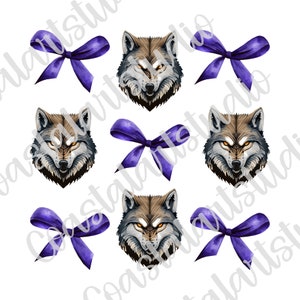 May include: A seamless pattern featuring a repeating design of purple watercolor bows and wolf heads with yellow eyes. The wolf heads are facing forward with a snarling expression.