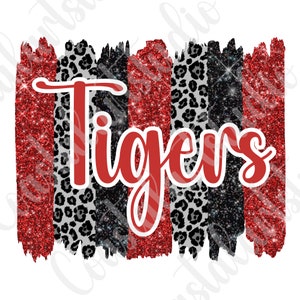 May include: Red, black, and white glitter stripes with a leopard print design and the word "Tigers" in red.