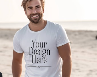 Gildan 5000 vit t-shirtmodell, manlig modell, manlig t-shirtmodell, mockup för maskulina kläder, mockup för sommart-shirt