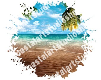 Strandtafereel Splatter PNG Strandsublimatieontwerp tropische achtergrond png strandafbeelding voor t-shirts draagtasbekers enz. Strand png