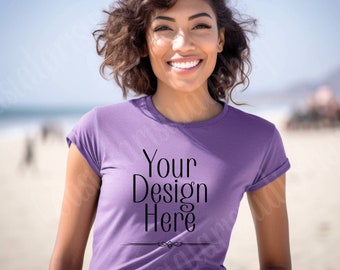 Purple Tshirt Mockup Bella Canvas 3001 mockup tshirt model mockup summer beach mockup