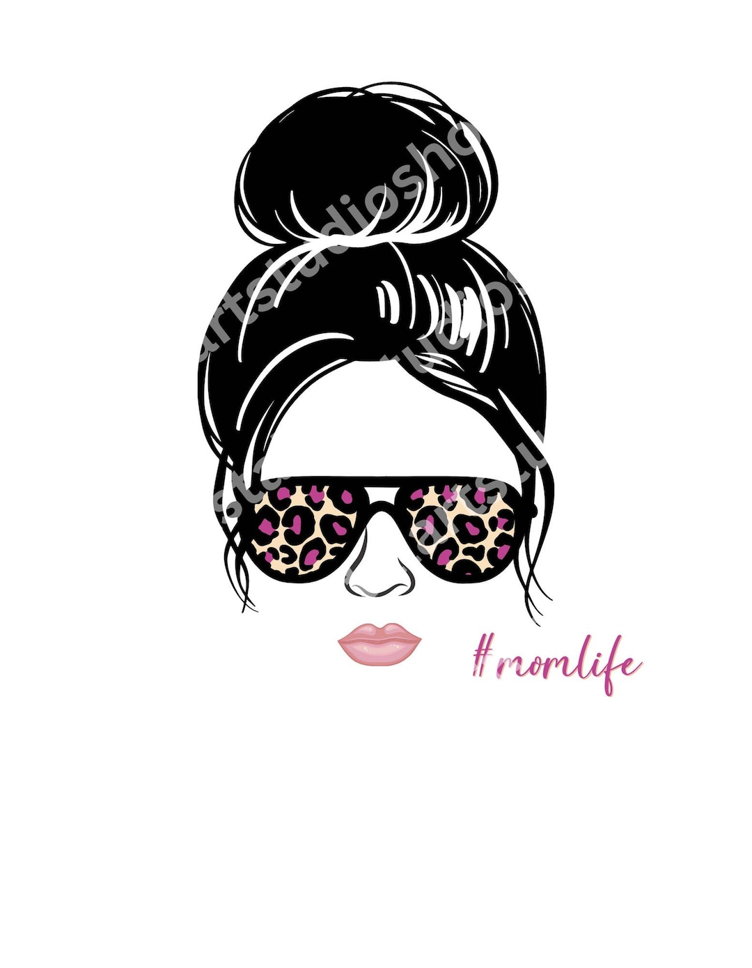 Messy Bun Mom Life PNG Mom Digital Download Animal Print Glasses