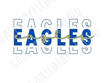 May include: A graphic design featuring the word "EAGLES" in blue with a yellow outline. The word is repeated twice, with the second instance slightly offset from the first. The word "EAGLES" is written in a bold, blocky font.