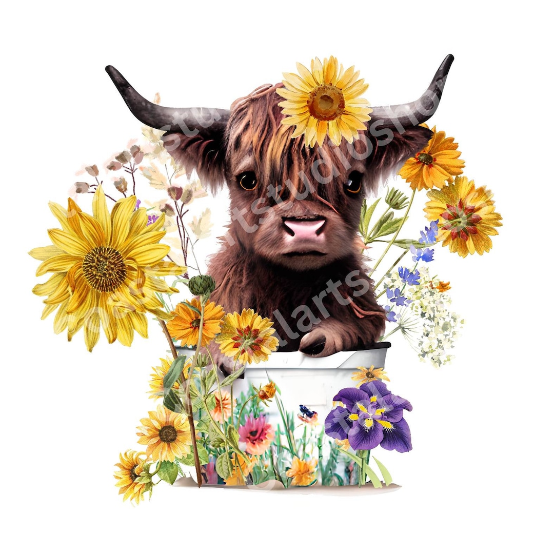 Highland Cow PNG Cute Baby Cow With Sunflowers and Wildflowers ...