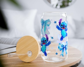 Stitch Blue Bow sipper glass | 16oz