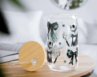 Vaso transparente de 16 oz con pajita y diseño de Jack Skellington