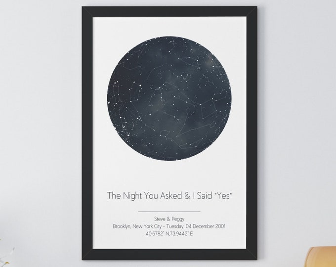 Custom Stars and Constellations Map With Frame, Wedding Anniversary, Birthday, Engagement Gift, Custom Name, Custom Title, Star Map Poster
