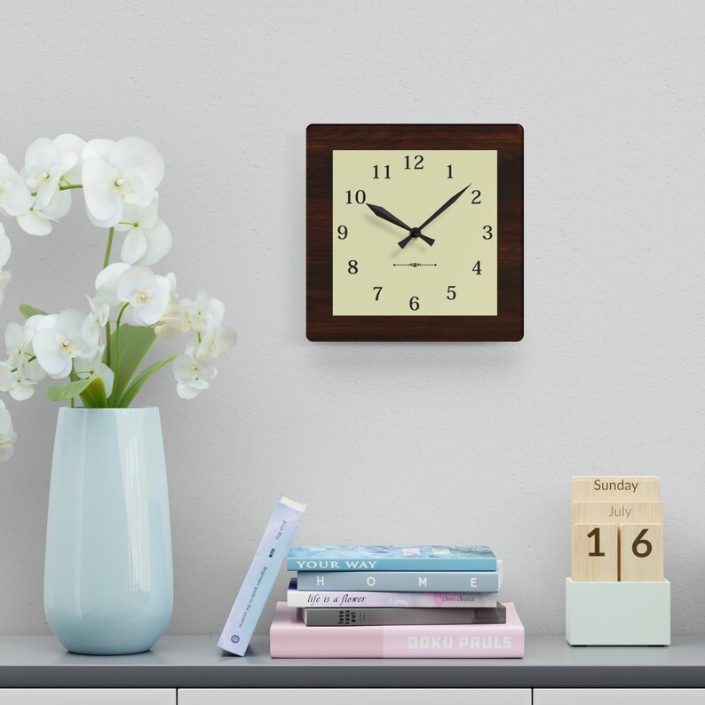 Vintage Dark Wood Look Wall Clock, Square, Antique Style, Retro, Unique