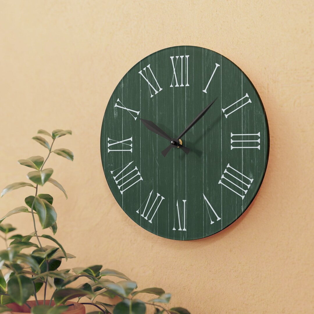 Roman Numerals Sage Green Wall Clock, Aesthetic Clock, Wooden Look