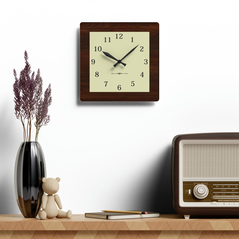Vintage Dark Wood Look Wall Clock, Square, Antique Style, Retro, Unique