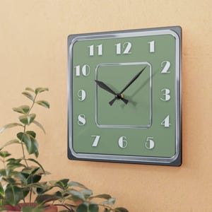 Vintage Style Sage Green Square Clock, Art Deco Clock, Vintage Decor, Home Decor, Mid Century Clock, Rectangle, Acrylic Wall Clock