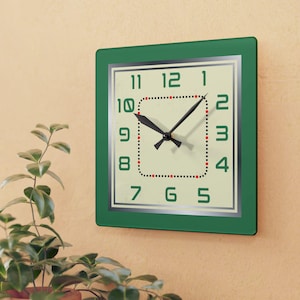 Art Deco Green Square Wall Clock, Mid Century Clock, Art Deco Decor, Home Decor, Retro Clock, Vintage Clock, Home Decor, Acrylic Wall Clock