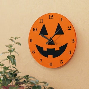Halloween Pumpkin Wall Clock, Jack O&#39;Lantern, Unique, Halloween Decorations, Square, Spooky, Fall Decor, Modern, Round, Acrylic Wall Clock
