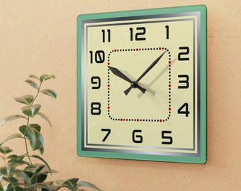 Horloge murale art déco, vert sauge, carré, horloge rectangulaire, vintage, rétro, chic, unique, décoration d'intérieur, cuisine, salon horloge murale moderne