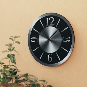 Chrome and Black Wall Clock, Elegant, Retro, Modern, Round, Multiple Sizes, Silver, Simplistic, Minimalist, Home Decor, Acrylic Wall Clock