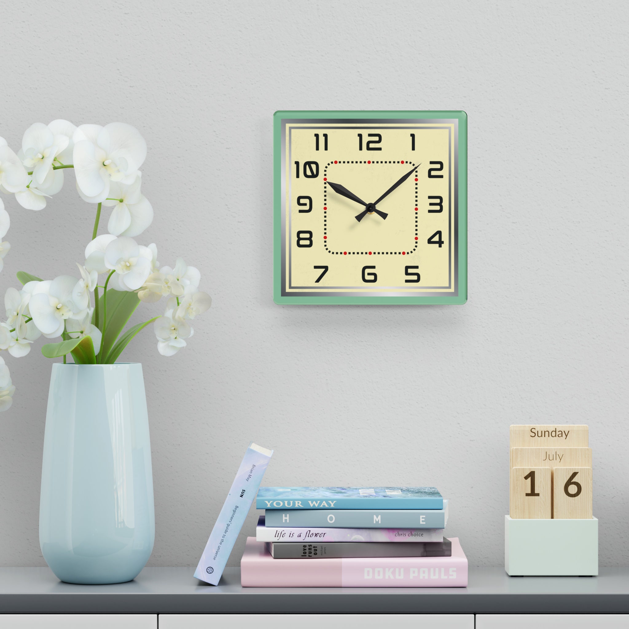 Art Deco Wall Clock Sage Green Square Rectangle Clock Etsy Australia