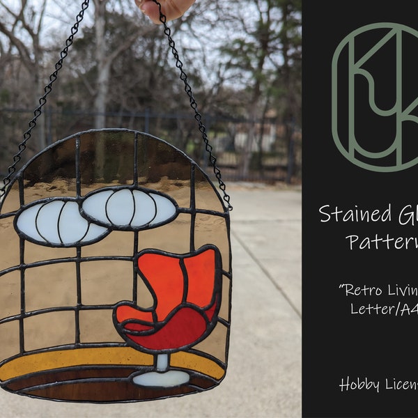 Stained Glass PATTERN: Retro Living. Midcentury motif, egg chair, retro glass pattern, suncatcher, digital download