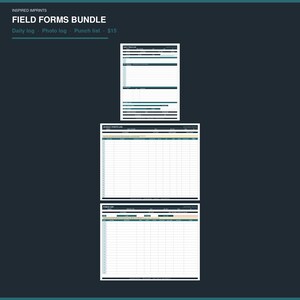 Könnte beinhalten: Ein digitales Dokumentenset mit dem Titel Field Forms Bundle, bestehend aus einem Tagesprotokoll, einem Fotoprotokoll und einer Mängelliste. Jedes Formular ist auf weißem Hintergrund mit dunkelblauen Kopfzeilen und strukturierten Tabellen.