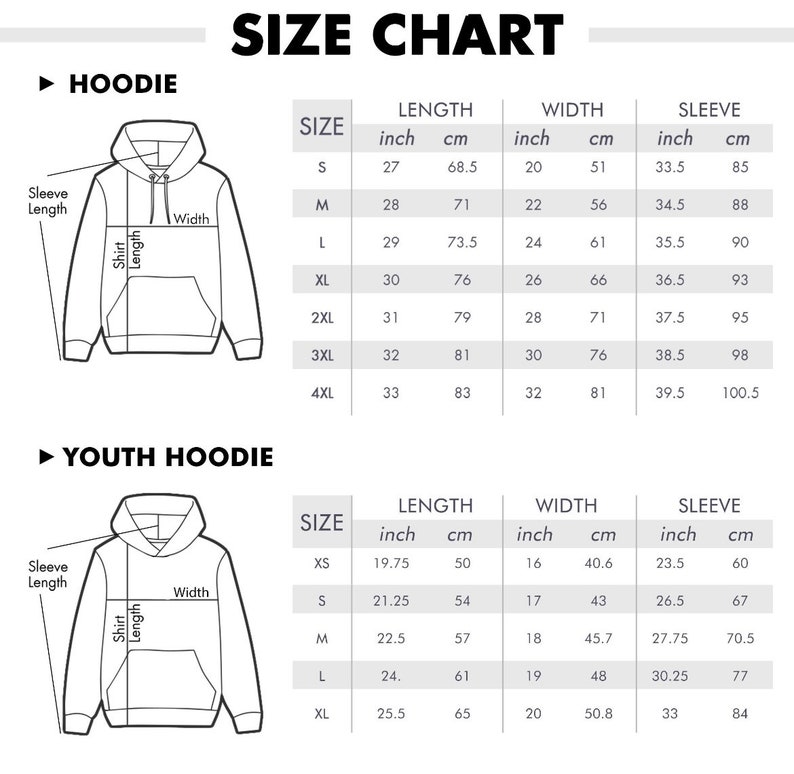 May include: Size chart for hoodies, showing measurements in inches and centimeters for different sizes, including XS, S, M, L, XL, 2XL, 3XL, and 4XL. The chart includes measurements for length, width, and sleeve length.