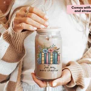 Glass Cup with Bamboo Lid and Straw Gift For Book worm Gift for Reader Coffee Lover Iced Coffee Cup Mother&#39;s day Gift Book Lover Nerd Gift