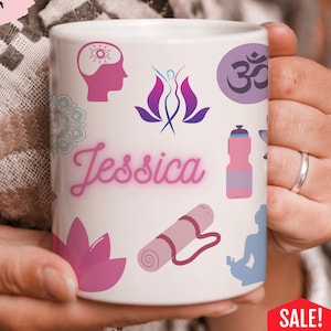 May include: White ceramic mug with a pink, purple, and blue yoga-themed design. The mug has the name "Jessica" written in pink script.