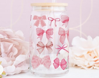 Coquette Glass Cup Pink Cute Bow Glass Cup Trendy Coquette Cup Gift For Mom Present for Coffee Lover Iced Coffee Cup Mother's day Gift
