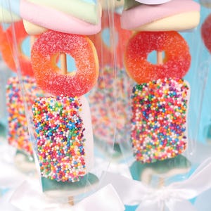 Pu&ograve; includere: Primo piano di spiedini di caramelle colorate. Ogni spiedino presenta un marshmallow, una caramella a forma di anello zuccherato e un marshmallow rettangolare ricoperto di zuccherini arcobaleno. Le leccornie sono confezionate in cellophane trasparente con fiocchi bianchi.