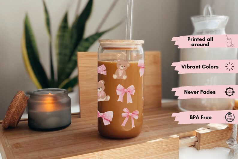 Coquette Glass Cup Teddy Bear Glass Cup With Bamboo Lid and Straw Gift ...