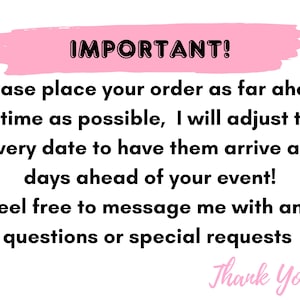 Pu&ograve; includere: Un banner rosa con la parola "IMPORTANT!" in testo nero. Sotto, un messaggio chiede ai clienti di effettuare gli ordini in anticipo, con modifiche alle date di consegna. Sono inclusi anche una faccina sorridente e "Thank You!"