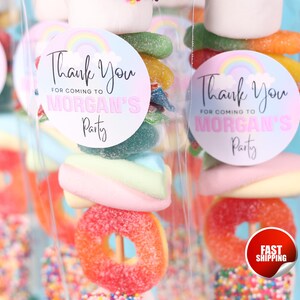 Pu&ograve; includere: Spiedini di marshmallow e caramelle gommose in sacchetti di cellophane trasparente. Ogni spiedino ha una variet&agrave; di caramelle colorate, tra cui caramelle gommose a forma di anello e marshmallow arcobaleno. Gli adesivi rotondi dicono "Thank You for coming to Morgan's Party".