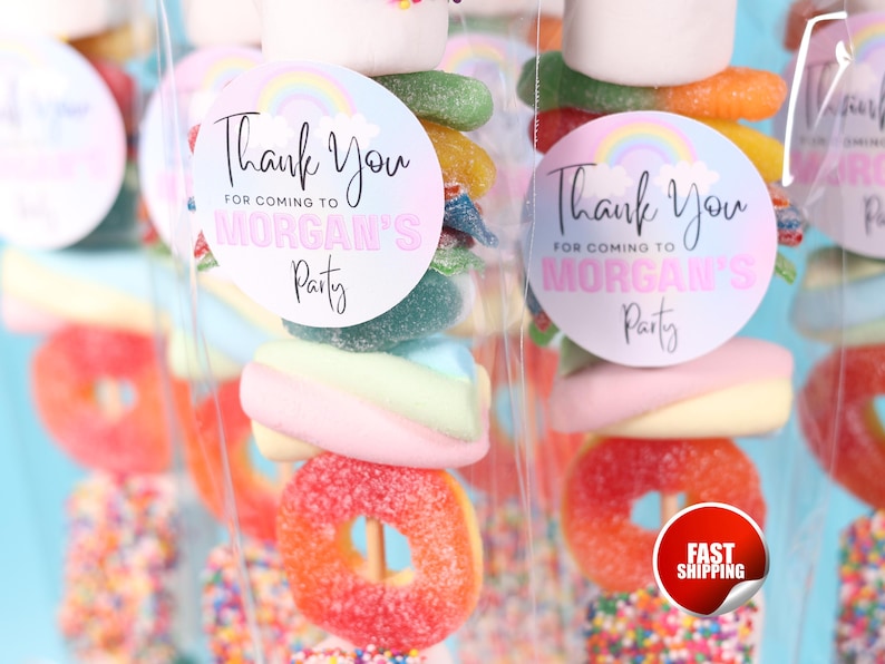 Pu&ograve; includere: Spiedini di marshmallow e caramelle gommose in sacchetti di cellophane trasparente. Ogni spiedino ha una variet&agrave; di caramelle colorate, tra cui caramelle gommose a forma di anello e marshmallow arcobaleno. Gli adesivi rotondi dicono "Thank You for coming to Morgan's Party".