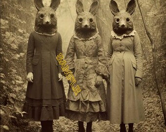 Girls With Rabbit Masks Vintage, Retro Art Prints