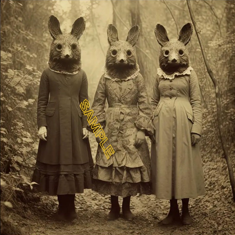 Girls With Rabbit Masks Vintage, Retro Art Prints image 1