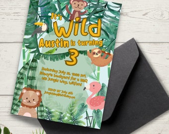 Customizable Tropical jungle birthday child invitation digital download / template / kid / party / animals / green/ rainforest theme