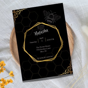Queen bee birthday party invitation customizable digital download / template / black and gold / personalize