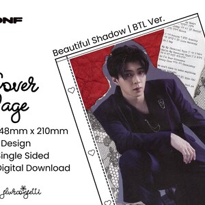 May include: A digital download for a single-sided cover page design featuring a black and white photo of a person in a black suit. The cover page is 148mm by 210mm and includes the text "Beautiful Shadow | BTL Ver."