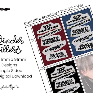 May include: A set of printable binder fillers featuring the tracklist for the ONF album "Beautiful Shadow". The album title is written in black text on a white background. The tracklist is printed on colorful rectangular stickers with black text. The stickers are arranged in a grid pattern on a white background.