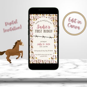 First Rodeo Digital Birthday Invitation Template, Rodeo Electronic Invite, Girl First Birthday Invitation, First Birthday, Digital Invite