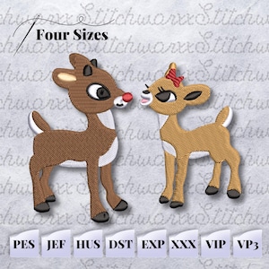 May include: Embroidered design of a red-nosed reindeer and a female reindeer with a red bow. The design is available in four sizes: PES, JEF, HUS, DST, EXP, XXX, VIP, and VP3.