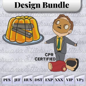 May include: A digital embroidery design bundle featuring a cartoon image of a man with a brown face mask, a yellow gelatin mold with a stapler inside, and a person performing CPR. The text "CPR CERTIFIED" is included in the design. The design bundle includes the following file formats: PES, JEF, HUS, DST, EXP, XXX, VIP, and VP3.