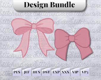 May include: A digital embroidery design bundle featuring two pink bows. The bundle includes the following file formats: PES, JEF, HUS, DST, EXP, XXX, VIP, and VP3.