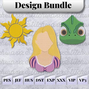 Rapunzel, Pascal, Sun Logo Embroidery Design Bundle, Princess Machine Embroidery Design, File in PES, DST, JEF, etc., Instant Download
