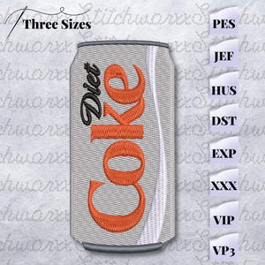 Puede incluir: Diseño bordado de una lata de Coca-Cola Light con la palabra "Diet" en negro y "Coke" en naranja. La lata es gris con un diseño de onda blanca.