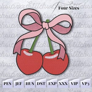 Cherries Bow Machine Embroidery Design, Coquette Embroidery Design, File in PES, DST, Jef, etc., Cherry Bow Embroidery Design
