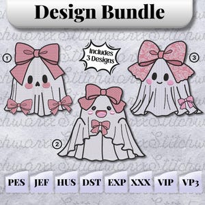 Pacchetto di disegni per ricamo a macchina Coquette Ghost, disegno per ricamo di Halloween, file in PES, DST, Jef, ecc., disegno per ricamo con fiocco