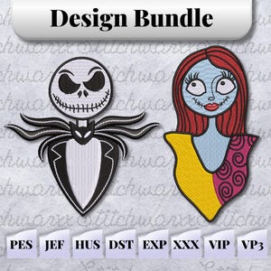 Könnte beinhalten: Stickdateien von Jack Skellington und Sally aus dem Film Nightmare Before Christmas. Die Designs sind in Schwarz, Weiß, Rot, Gelb und Blau. Die enthaltenen Dateiformate sind PES, JEF, HUS, DST, EXP, XXX, VIP und VP3.