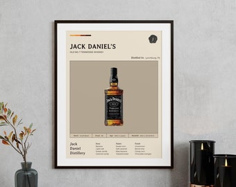 Könnte beinhalten: Ein gerahmtes Poster mit braunem Hintergrund, auf dem eine Flasche Jack Daniel's Tennessee Whiskey abgebildet ist. Das Poster enthält den Markennamen "Jack Daniel's", "Old No. 7 Tennessee Whiskey", "Distilled in Lynchburg, TN" und Verkostungsnotizen für den Whiskey.