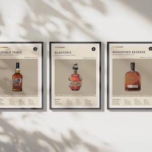 American Bourbon Whiskey Classics #2 (Zestaw 3) Sztuka na Butelce Bourbona | Plakat z połowy wieku Wydruk cyfrowy Sztuka ścienna do baru Wystrój domu Cyfrowy