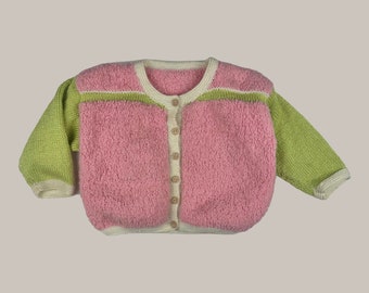 Vintage Kids Pistachio & Soft Pink cardigan suéter hecho a mano crochet de punto uno de un tipo raro marfil suave primavera verano declaración de gran tamaño